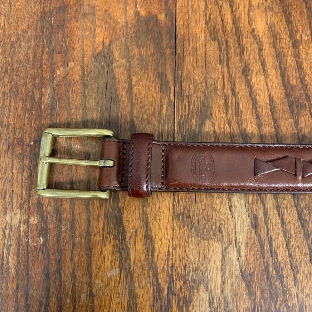 Fossil Mens Brown Leather Braided Woven Belt Brass Buckle Size 36